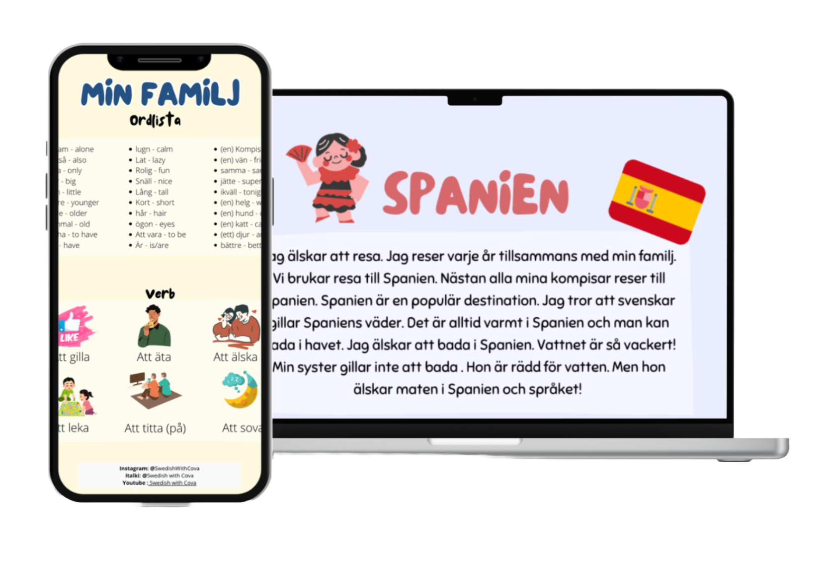 Swedish learning materials — vocabulary sheets, reading exercises, and visual study guides
